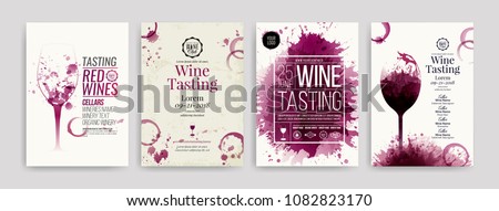 Collection of templates with wine designs. Brochures, posters, invitation cards, promotion banners, menus. Wine stains background. Vector illustration. Layered