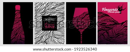 Set of design templates with wine glass and bottle illustration. Creative and artistic background texture with lines that simulate the skin of a grape vine. Elegant tone. Vector hand drawing.