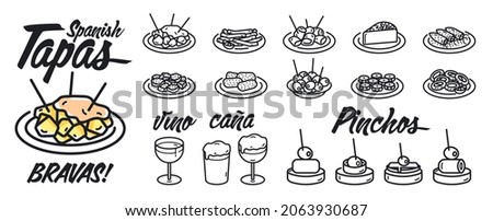 Illustrations symbols of typical Spanish bar snacks. Text in Spanish of food (Tapas, Bravas and pinchos) and drinks (Caña y vino). Sketch of icons for web, brochures, posters, flyers, social media.