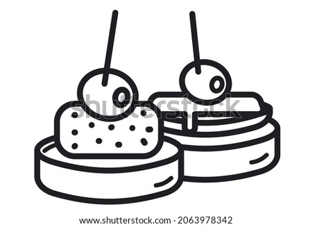 illustration of typical Spanish snack symbol, food on slice of bread (pincho). Food appetizer icon. Finger food. Outline vector drawing