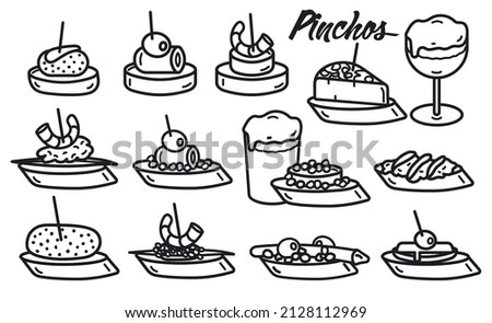 Illustrations symbols of typical Spanish bar snacks. Text in Spanish of food (pinchos). bread appetizer with food on top. Sketch of icons for web, brochures, posters, flyers.Vector.