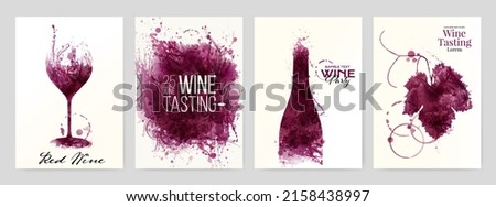 Collection of templates with wine designs. Illustration with background wine stains, glass, bottle, vine leaf. Brochure, poster, invitation card, promotion banner, menu, list, cover. Vector 
