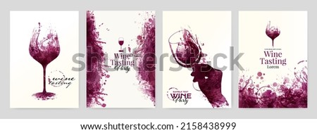 Collection of templates with wine designs. Illustration with background wine stains, glass, hand with wine glass. Brochure, poster, invitation card, promotion banner, menu, list, cover. Vector 