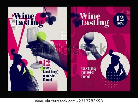 Hands holding glass of wine and silhouette of musician playing contrabass. Retro style, halftone effect. Template for event poster, magazine, cover or promotion. Vector