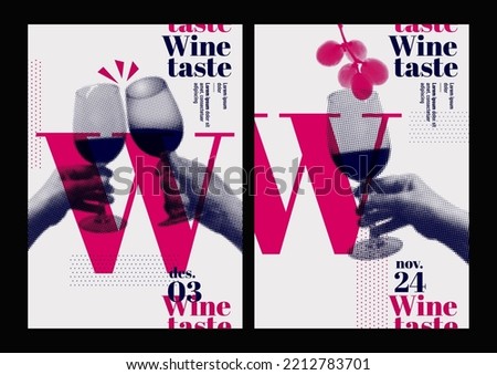 Hands holding glass of wine and toasting, retro style, halftone effect. Template for event poster, magazine, cover or promotion. Vector