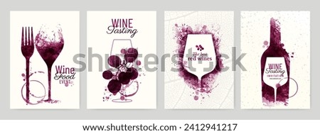 Collection of templates with wine designs. Illustration with background wine stains, glass and fork, bottle, wine glass. Brochure, poster, invitation card, promotion banner, menu, list, cover. Vector