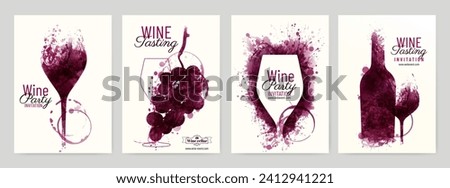 Collection of templates with wine designs. Illustration with background wine stains, glass, bottle, grapes. Brochure, poster, invitation card, promotion banner, menu, list, cover. Vector