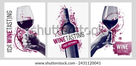 Wine design templates. Creative collage with wine glass, wine bottle and red wine stains. Vector illustration