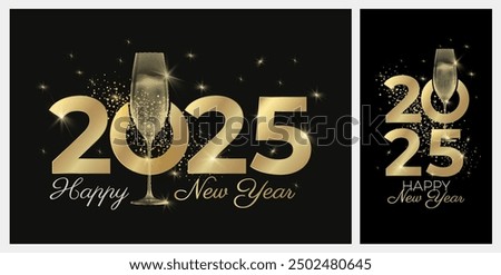 2025 new year greeting cards with glass of sparkling wine. Black background and gold colors. Elegant New Year's Eve Banner. Vector