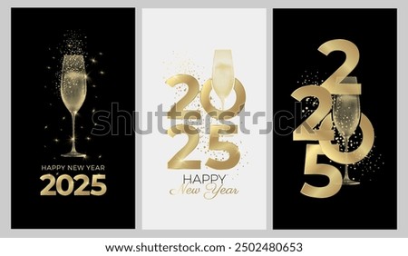 2025 new year greeting cards with glass of champagne. Black and white background and gold colors. Elegant New Year's Eve Banner. Vector