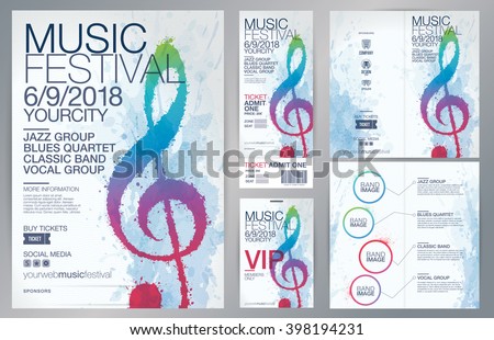 Set of templates with poster, brochure, ticket, program event and VIP. Treble clef illustration with brush strokes and colors. Texture watercolor effect. Vector file with CMYK colors