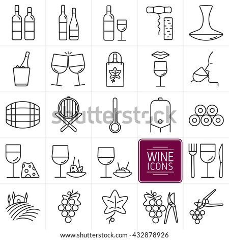 Set of icons of wine. Icons bottles and wine glasses, wine shop, tasting, food, cellar and vineyards. vector illustration.