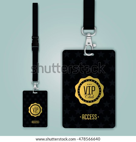 Set of lanyard and badge. Design example vip pass. Template vector illustration. 