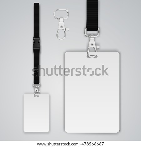 Set of lanyard and badge. Open and closed metal part. Template vector illustration. 