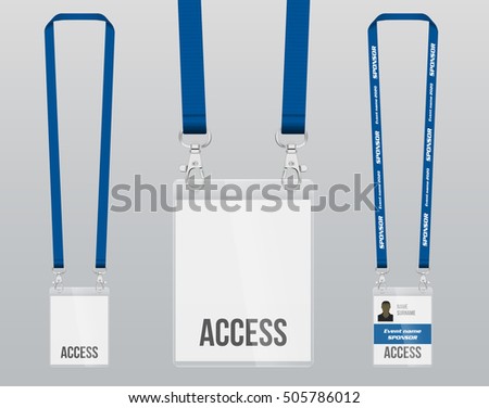 Set of lanyard and badge. Double closing piece of metal. Plastic badge. Template for presentation of their design. realistic vector illustration.