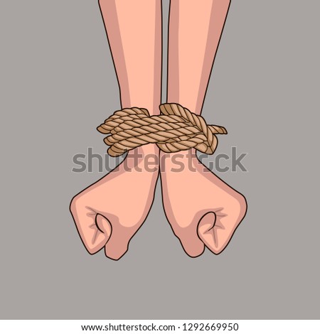 Bound hands isolated on gray background. Hands tied with rope. Clenched fists