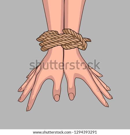 Bound hands isolated on gray background. Hands tied with rope.