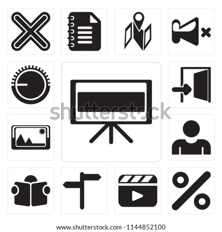 Set Of 13 simple editable icons such as Television, Percent, Video player, , Reading, User, Picture, Exit, Volume control, web ui icon pack