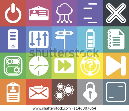 Set Of 20 icons such as Frame, Lock, Settings, Send, Id card, Multiply, Next, Fast forward, Switch, Controls, Battery, Notepad, Cloud computing, web UI editable icon pack, pixel perfect