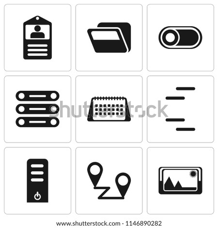 Set Of 9 simple editable icons such as Picture, Placeholders, Server, Calendar, Database, Switch, Folder, Id card, can be used for mobile, pixel perfect vector icon pack