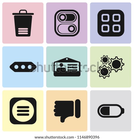 Set Of 9 simple editable icons such as Battery, Dislike, Menu, Settings, Id card, More, Switch, Trash, can be used for mobile, pixel perfect vector icon pack