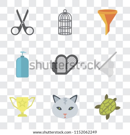 Set Of 9 simple transparency icons such as Turtle, Cat, Trophy, Net, Grooming glove, Shampoo, Filter, Cage, Scissors, can be used for mobile, pixel perfect vector icon pack on transparent background