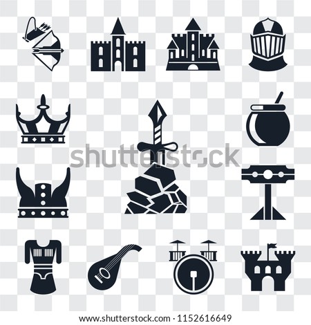 Set Of 13 transparent editable icons such as Excalibur, Castle, Drum, Lute, Tunic, Pillory, Viking, Cauldron, Crown, web ui icon pack, transparency set