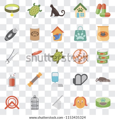 Set Of 25 transparent icons such as Pet bed, Dog, Net, Cage, Wheel, Cat food, Toy, Water tank, Spray, Razor, Cat, Turtle, web UI transparency icon pack