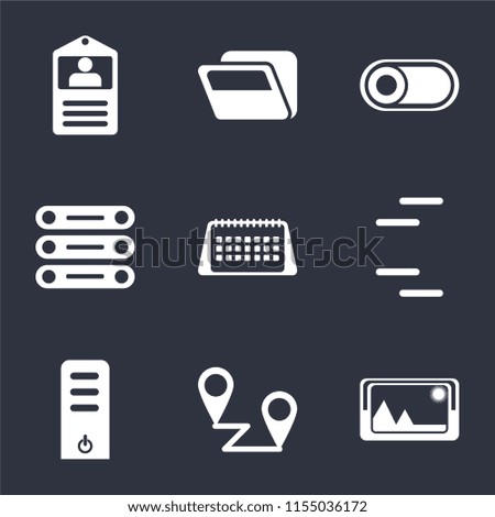 Set Of 9 simple icons such as Picture, Placeholders, Server, Calendar, Database, Switch, Folder, Id card, can be used for mobile, pixel perfect vector icon pack on black background