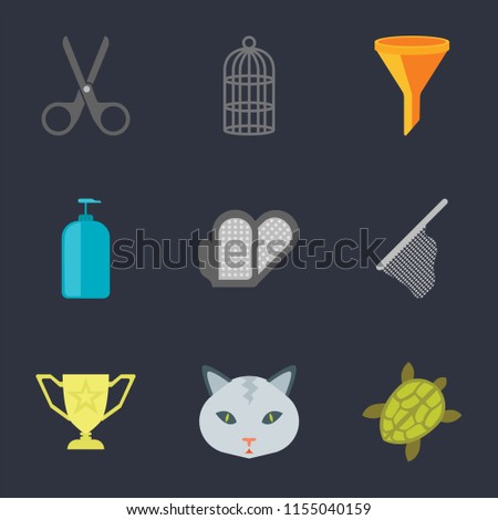 Set Of 9 simple icons such as Turtle, Cat, Trophy, Net, Grooming glove, Shampoo, Filter, Cage, Scissors, can be used for mobile, pixel perfect vector icon pack on black background