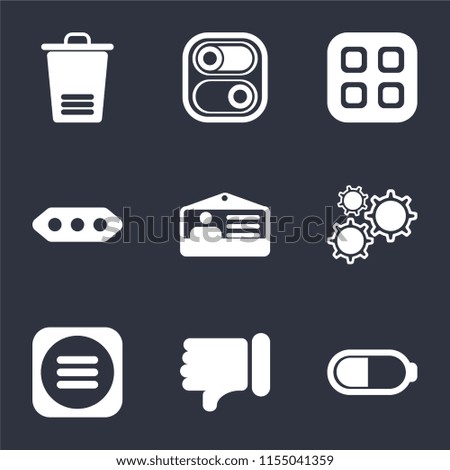 Set Of 9 simple icons such as Battery, Dislike, Menu, Settings, Id card, More, Switch, Trash, can be used for mobile, pixel perfect vector icon pack on black background