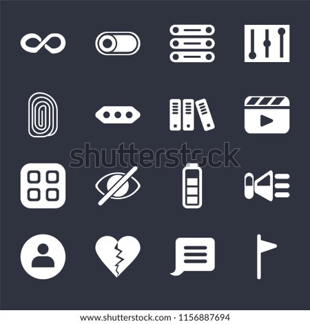 Set Of 16 icons such as Flag, Notification, Dislike, User, Speaker, Infinity, Fingerprint, Menu, Archive on black background, web UI editable icon pack