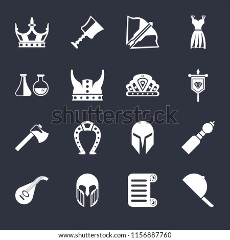 Set Of 16 icons such as Hat, Scroll, Armour, Lute, Bladder pipe, Crown, Alchemy, Axe, Crown on black background, web UI editable icon pack