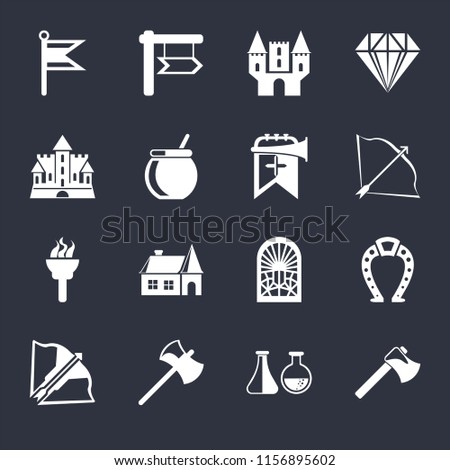 Set Of 16 icons such as Axe, Alchemy, Crossbow, Horseshoe, Flag, Castle, Torch, Trumpet on black background, web UI editable icon pack