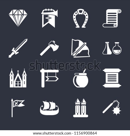 Set Of 16 icons such as Morning star, Tower, Ship, Flag, Scroll, Jewelry, Sword, Church, Crossbow on black background, web UI editable icon pack