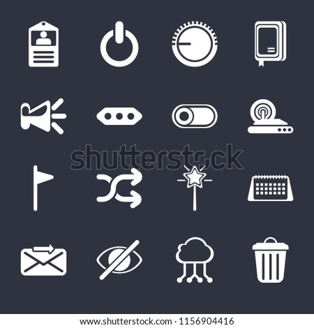 Set Of 16 icons such as Garbage, Cloud computing, Hide, Send, Calendar, Id card, Speaker, Flag, Switch on black background, web UI editable icon pack