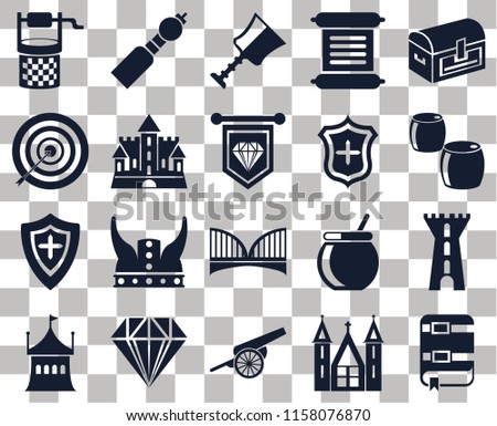 Set Of 20 transparent icons such as Book, Church, Cannon, Jewelry, Tent, Chest, Tower, Bridge, Shield, Castle, Water well, Beer, Cup, transparency icon pack, pixel perfect
