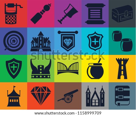 Set Of 20 icons such as Book, Church, Cannon, Jewelry, Tent, Chest, Tower, Bridge, Shield, Castle, Water well, Beer, Cup, transparency icon pack, pixel perfect