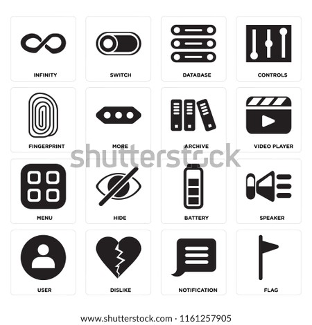 Set Of 16 icons such as Flag, Notification, Dislike, User, Speaker, Infinity, Fingerprint, Menu, Archive, web UI editable icon pack, pixel perfect