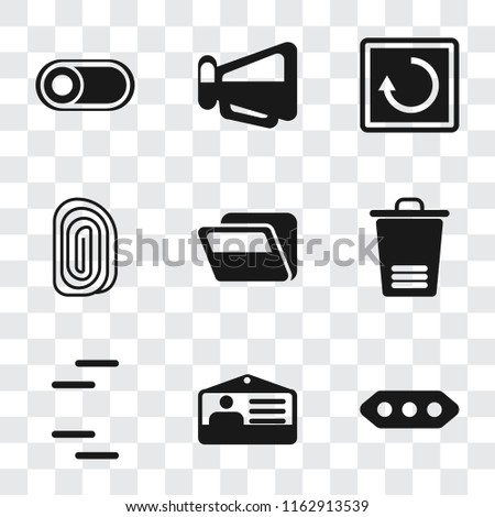 Set Of 9 simple transparency icons such as More, Id card, Trash, Folder, Fingerprint, Restart, Megaphone, Switch, can be used for mobile, pixel perfect vector icon pack on transparent background