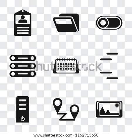 Set Of 9 simple transparency icons such as Picture, Placeholders, Server, Calendar, Database, Switch, Folder, Id card, can be used for mobile, pixel perfect vector icon pack on transparent background