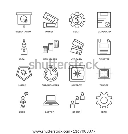 Set Of 16 simple line icons such as Gear, Group, Laptop, User, Target, Presentation, Idea, Shield, Cit card, editable stroke icon pack, pixel perfect
