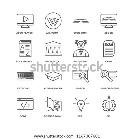 Set Of 16 simple line icons such as De, Idea, Science book, Code, Search engine, Video player, Vocabulary, Keyboard, Professor, editable stroke icon pack, pixel perfect