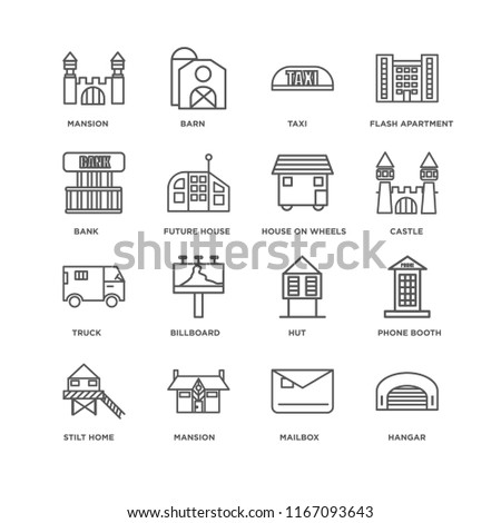 Set Of 16 simple line icons such as Hangar, Mailbox, Mansion, Stilt Home, Phone booth, Bank, Truck, House On Wheels, editable stroke icon pack, pixel perfect