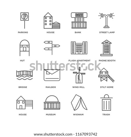 Set Of 16 simple line icons such as Trash, Wigwam, Museum, House, Stilt Home, Parking, Hut, Bridge, Flash Apartment, editable stroke icon pack, pixel perfect