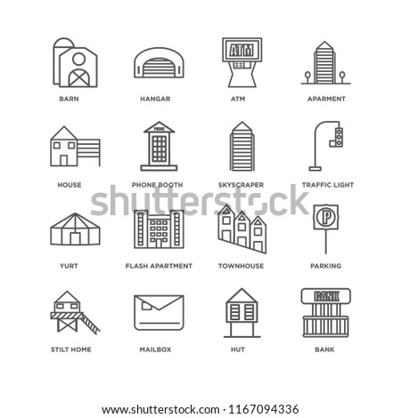 Set Of 16 simple line icons such as Bank, Hut, Mailbox, Stilt Home, Parking, Barn, House, Yurt, Skyscraper, editable stroke icon pack, pixel perfect