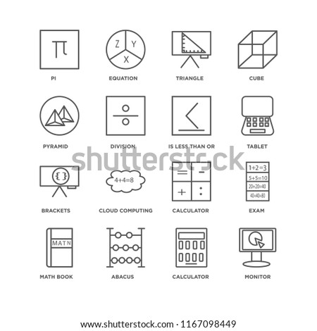 Set Of 16 simple line icons such as Monitor, Calculator, Abacus, Math book, Exam, Pi, Pyramid, Brackets, Is less than or equal to, editable stroke icon pack, pixel perfect