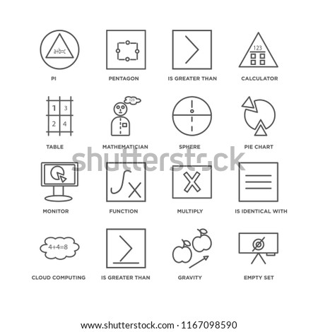 Set Of 16 simple line icons such as Empty set, Gravity, Is greater than or equal to, Cloud computing, identical with, Pi, Table, Monitor, Sphere, editable stroke icon pack, pixel perfect