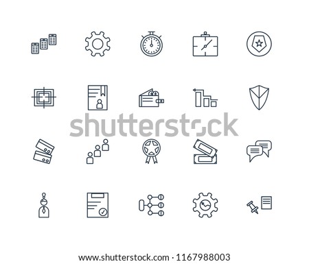 Set Of 20 linear icons such as Push pin, Gear, Diagram, Clipboard, Idea, Shield, Prize, Cit card, Accounts, Chronometer, editable stroke vector icon pack