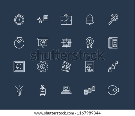 Set Of 20 black linear icons such as Pie chart, Newspaper, Laptop, Alarm clock, Idea, Magnifying glass, Prize, Cit card, Euro, Analytics, Wall editable stroke vector icon pack